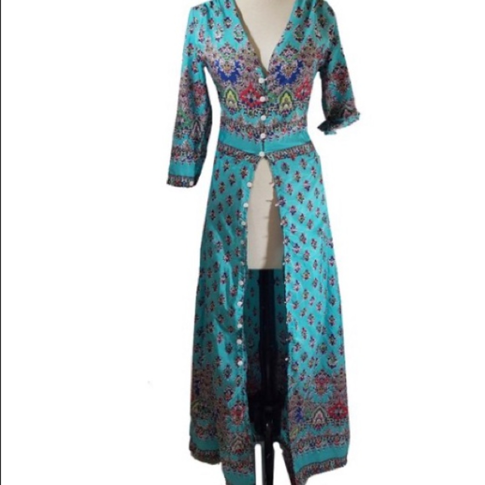 Aqua colorful bohemian print silky kaftan maxi